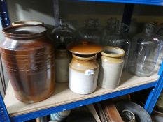 Stoneware jars and glass bottles, box of kitchenalia copper buckets etc