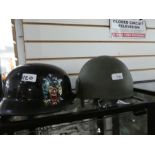Army helmet and motorcycle helmet.