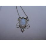 Contemporary silver necklace hung with a large silver pendant inset with moonstone
