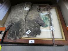 Two framed prints, a pair of vintage gauntlets and a set of meat scales