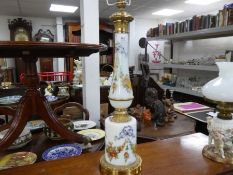 An opaline table lamp having floral decoration with gilt metal mounts, signed R L Noirot, 49 cm