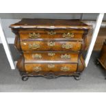 An antique French burr walnut Bombe chest having 4 long drawers on bun feet 93cm