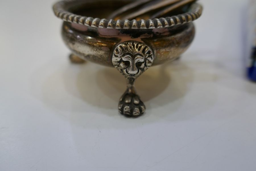 A selection of three silver salts by Asprey and Co Ltd, with lion feet and gadrooned rim. Also with - Image 4 of 4