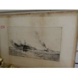 W. L. Wyllie; an unframed pencil signed etching of Naval ships, early 20th century, 30.5 x 18cms