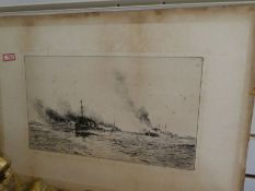 W. L. Wyllie; an unframed pencil signed etching of Naval ships, early 20th century, 30.5 x 18cms