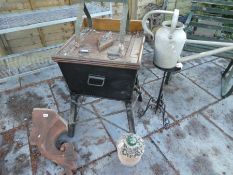 Vintage washing machine 'The Housewife's Darling' washer, wrought pedestal, galvanised watering can,