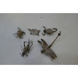 An interesting lot of nice items of five white metal insects and animals to include a dragonfly, tur