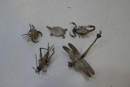 An interesting lot of nice items of five white metal insects and animals to include a dragonfly, tur