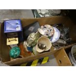 A box of mixed vintage pottery, china and metalware