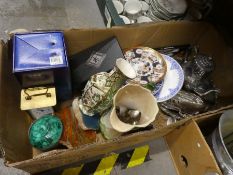 A box of mixed vintage pottery, china and metalware