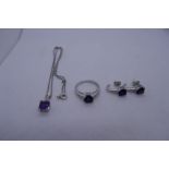 14K White gold Jewellery Set. Amethyst and Diamond. Comprising of a necklace, ring and earrings. All