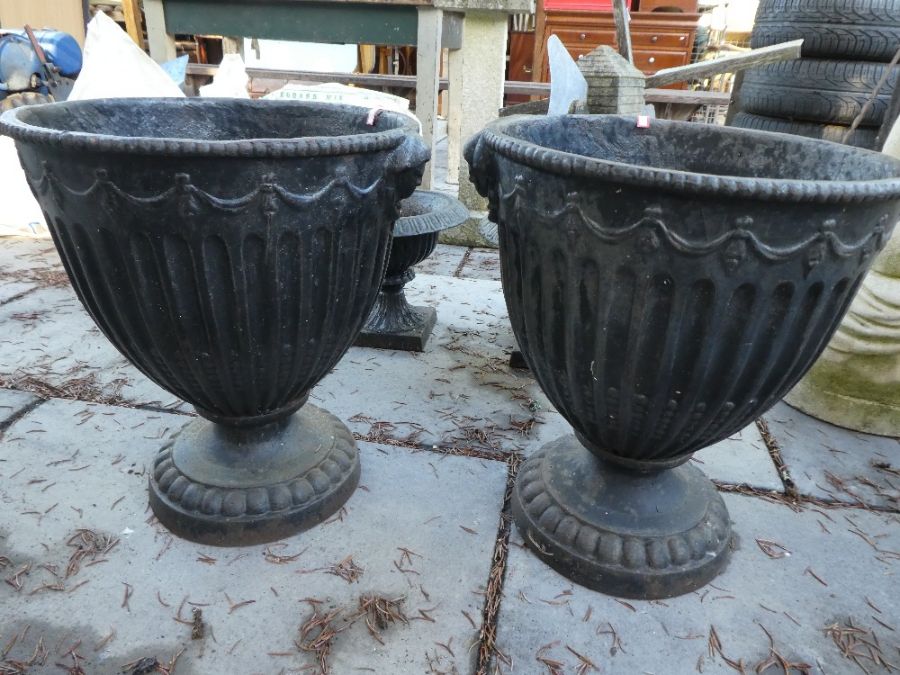 Pair of Victorian style cast iron garden urns on circular base and smaller pair on square bases - Image 2 of 2