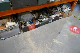 Fives boxes of mixed china, glass and sundries including ,vintage light shade records, pottery etc
