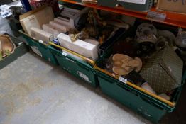 Three crates containing collectors plates including Royal Albert, Resin figures, Poole pottery et