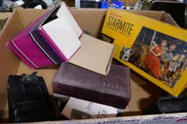 Box containing boxed Brownie 'Starmite' camera, cased reflex ex, Conway etc