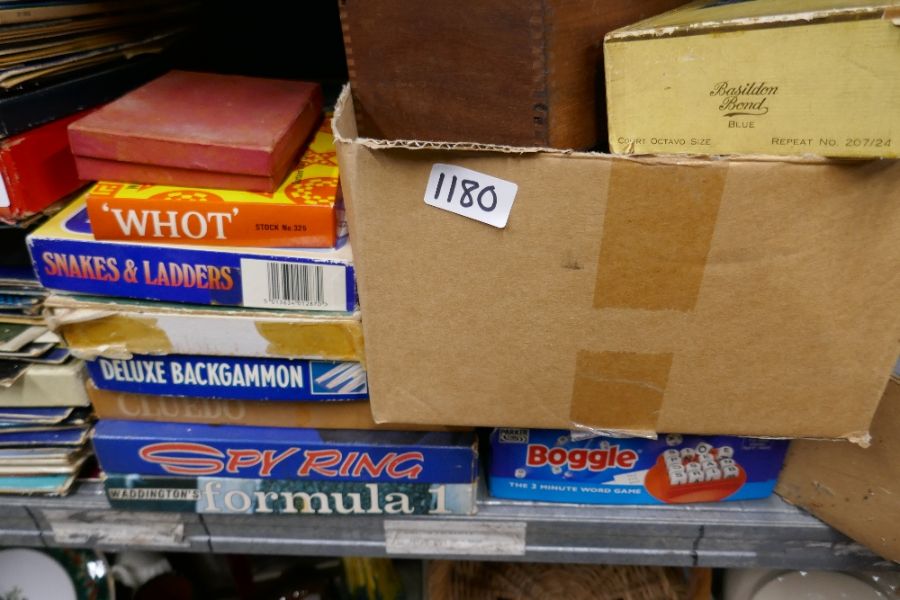 Shelf of various items including records, board games, train accessories, castle chess set etc - Image 4 of 5