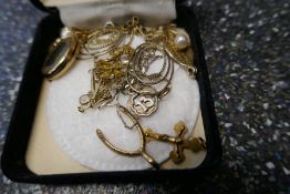 Two 9ct gold charms, silver earrings, locket, etc