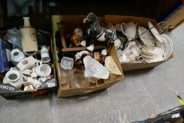 Three boxes of mixed china, glassware including crested china images, decanters, pottery shire horse