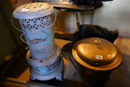 Brass fender and a brass coal bucket with lid. Includes metal greenhouse heater