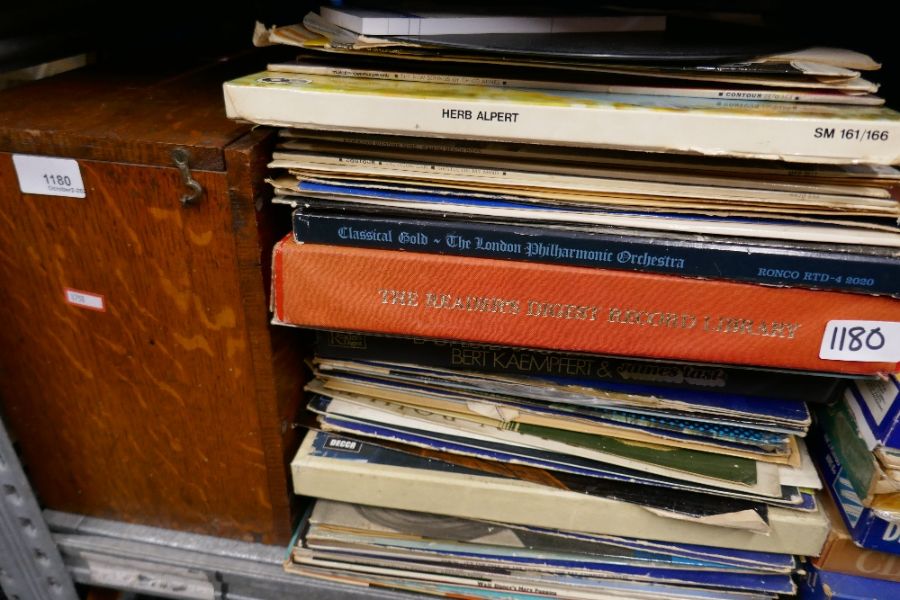 Shelf of various items including records, board games, train accessories, castle chess set etc - Image 5 of 5