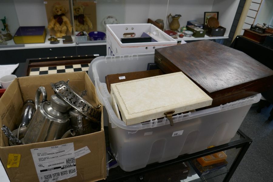 Two boxes of silver plate, costume jewellery and similar