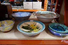 Selection of Studio pottery bowls including blue signed fish bowl and Wedgwood example
