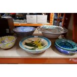 Selection of Studio pottery bowls including blue signed fish bowl and Wedgwood example