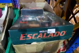 Box of vintage games including Totoply, escalado and boxed Subbuteo, including Astropitch