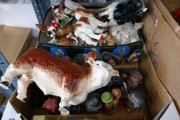 Box of mixed ceramics including metalware, continental figures of huntsmen on horseback, Dutch woode