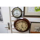 Vintage mahogany faced wall clock and black metal framed ex