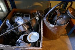 A box of silver plated ware, copper coal bucket, brassware etc