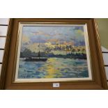 Gaston De Vel; an oil of Honolulu sunset, signed and dated '90, 45 x 37 cms