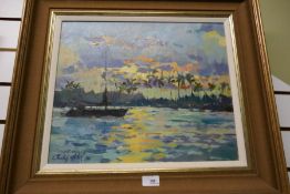 Gaston De Vel; an oil of Honolulu sunset, signed and dated '90, 45 x 37 cms