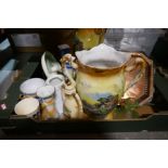 Box of mixed ceramics including deco green glass dressing table set copper tray, etc