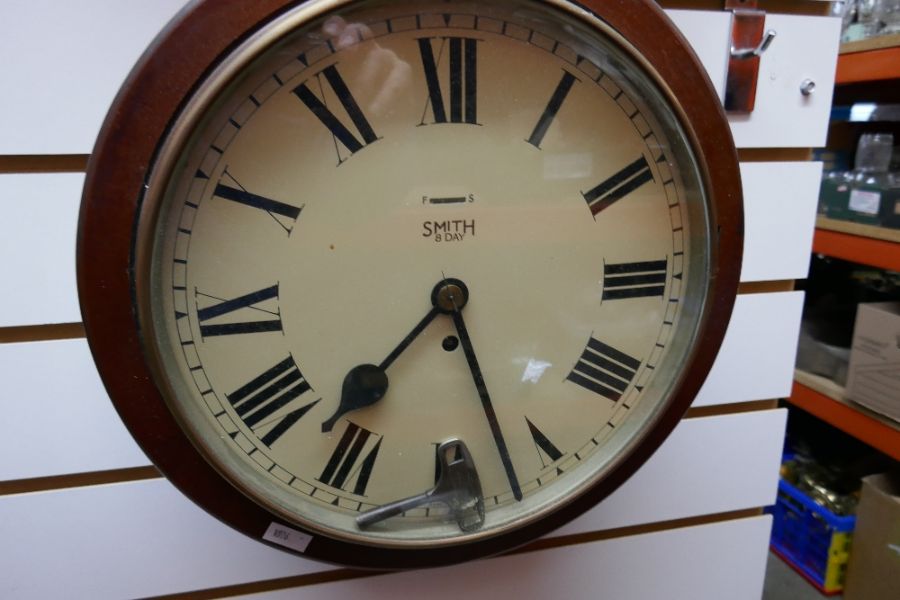 Smits 8 day mahogany cased wall clock, another and vintage oak wall hanging display case - Image 3 of 4