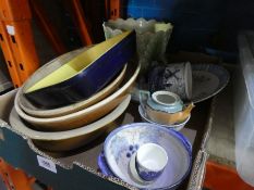 Box of mixed pottery cooking dishes, jardiniere top, as found.