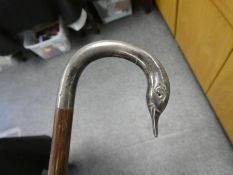 A Victorian cane having silver swan neck handle