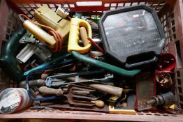 Large crate containing various tools, including saws, screwdriver sets etc