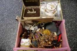 Two boxes of mixed costume jewellery to include brooches, watches, necklaces, compacts, etc