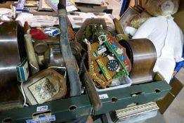 Two boxes of mixed collectables including clock parts, plaques, teddy bears, vintage tools etc