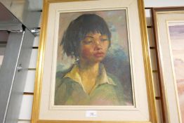 An oil of young boy, signed Ernestine Mou. . ., indistinct, dated '79, 29 x 39.5cms