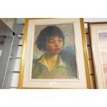 An oil of young boy, signed Ernestine Mou. . ., indistinct, dated '79, 29 x 39.5cms