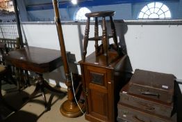 An old mahogany wall bracket and a standard lamp, a stool and a carved walnut bedside cupboard (4)