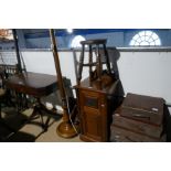 An old mahogany wall bracket and a standard lamp, a stool and a carved walnut bedside cupboard (4)