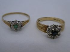 Two 9ct yellow gold dress rings, both cluster style one a sapphire and diamond example and the other