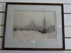 W. L. Wyllie ; a pencil signed etching of Westminster at Flood tide, image 36.5 x 24.5cms