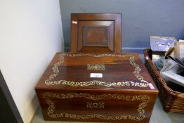 A Victorian Rosewood desk slope having inlaid Mother of Pearl decoration and a Walnut stationery box