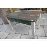 Vintage pine workshop table with single drawer and contents