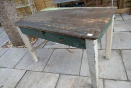 Vintage pine workshop table with single drawer and contents