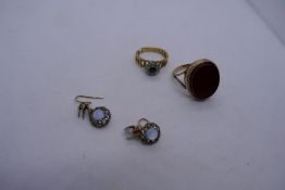 Gold cluster ring with central sapphire and diamond chips. A pair of gold moonstone drop earrings, b